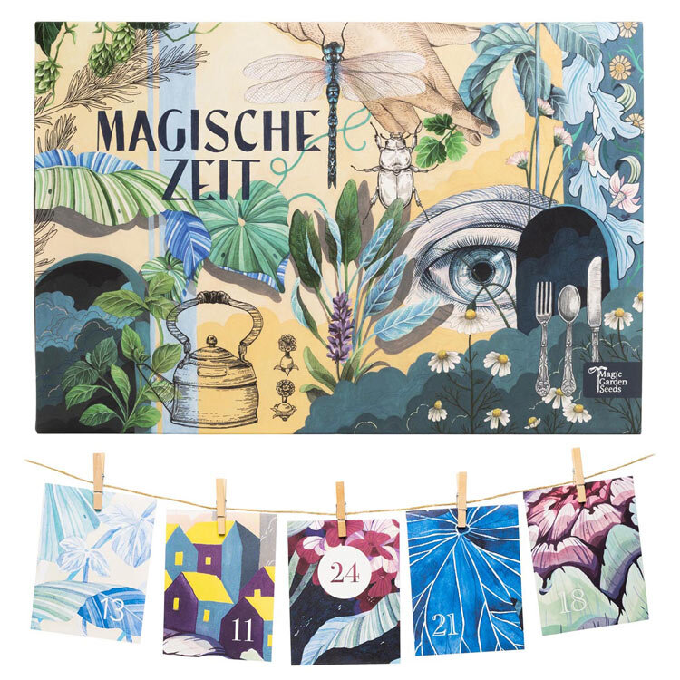 Bio-zaden-adventskalender „Magische tijd” Wonderbaarlijke wereld van kruiden met kaartjes aan een touw