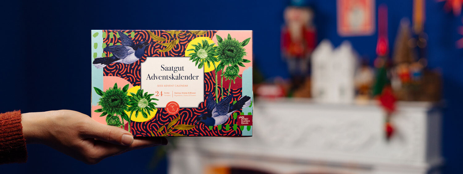 Zaad-adventskalender „Groenten, kruiden & bloemen” in de hand voor een kerstig versierde open haard