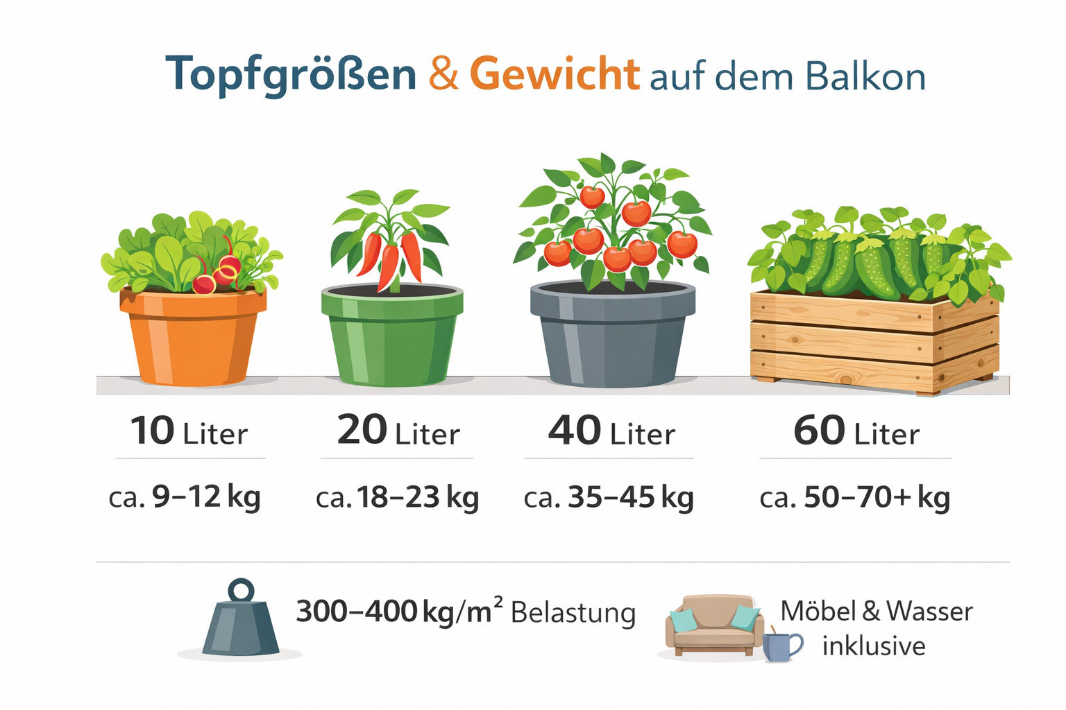 Infographic: gewicht van gevulde potten, van 10 liter met ca. 9 tot 12 kg tot 60 liter met ca. 50 tot 70 kg