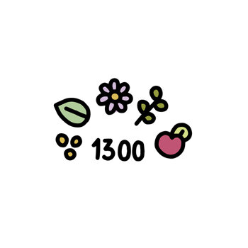 Blad, bloem, kruid, vrucht en zaadjes met het getal 1300 als symbool voor de ruime keuze