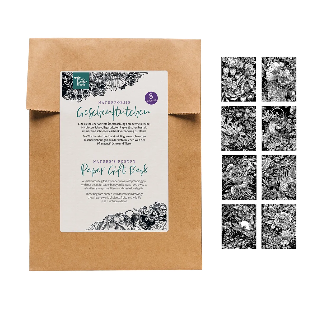Geschenktütchen - Naturpoesie - 40 bunte Papiertütchen / Flachbeutel mit 8 verschiedenen Designs
