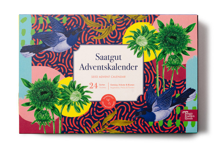 Zaad-adventskalender „Groenten, kruiden & bloemen“ met 24 soorten in een kleurrijk geïllustreerde doos