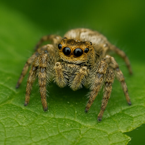 Springspin (Salticidae) met grote voorste ogen op een groen blad