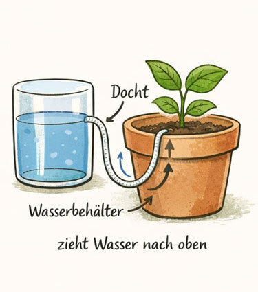 Illustratie: een lont voert water uit een glas naar de aarde in een bloempot