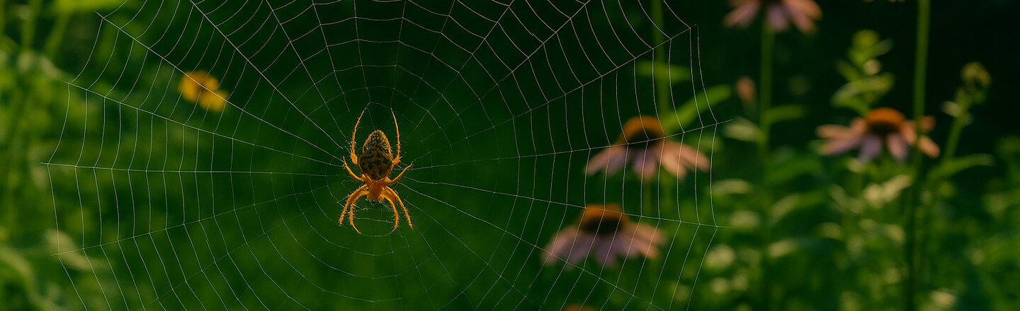 Spin in haar web, met bloeiende weidebloemen op de achtergrond