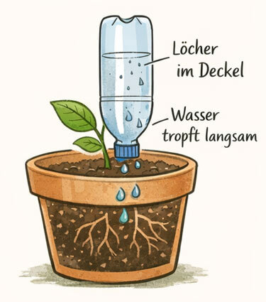 Illustratie: omgekeerde PET-fles met gaatjes in de dop geeft langzaam water af aan de potgrond