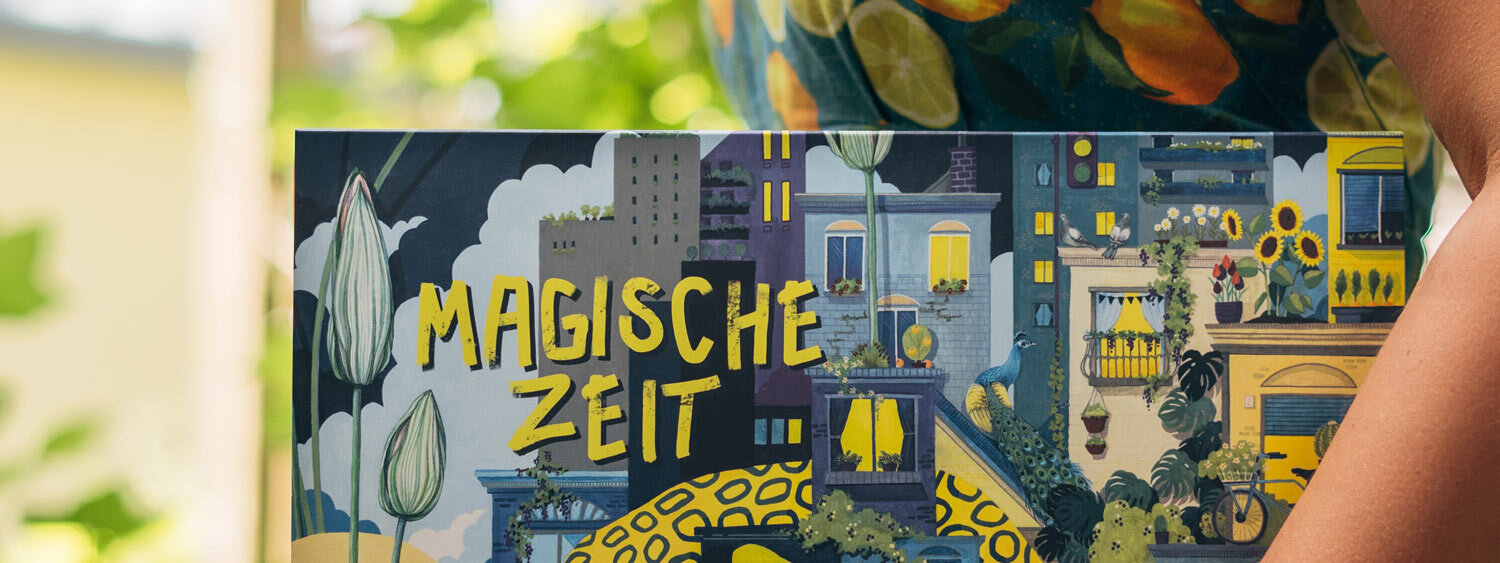 Doos van de biologische zaad-adventskalender „Magische tijd” Stedelijk tuinplezier met getekende gevels