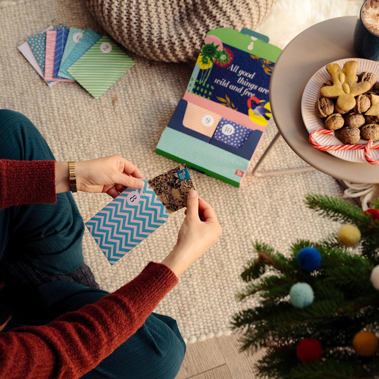 Persoon opent een zaadzakje uit de zaad-adventskalender, met koekjes en een kerstboom ernaast