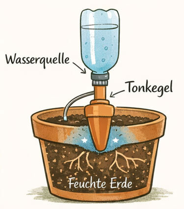 Illustratie: kleikegel in een bloempot, verbonden met een waterfles, houdt de aarde gelijkmatig vochtig