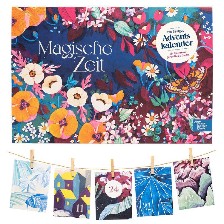 Biologische zaad-adventskalender „Magische tijd“ met bloemenmotief, eronder kaartjes aan een touwtje