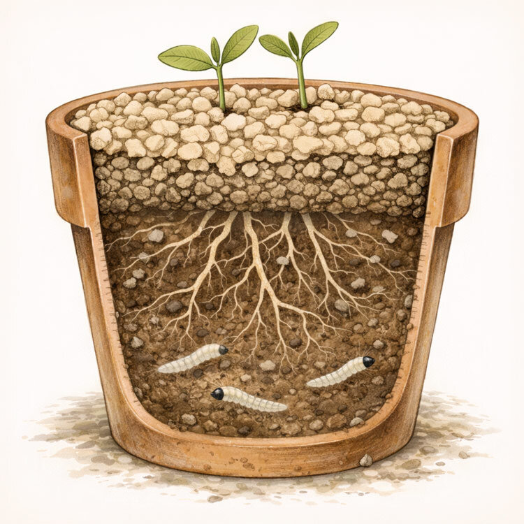 Illustratie: doorsnede van een pot met rouwmuglarven in de grond en een droge minerale toplaag